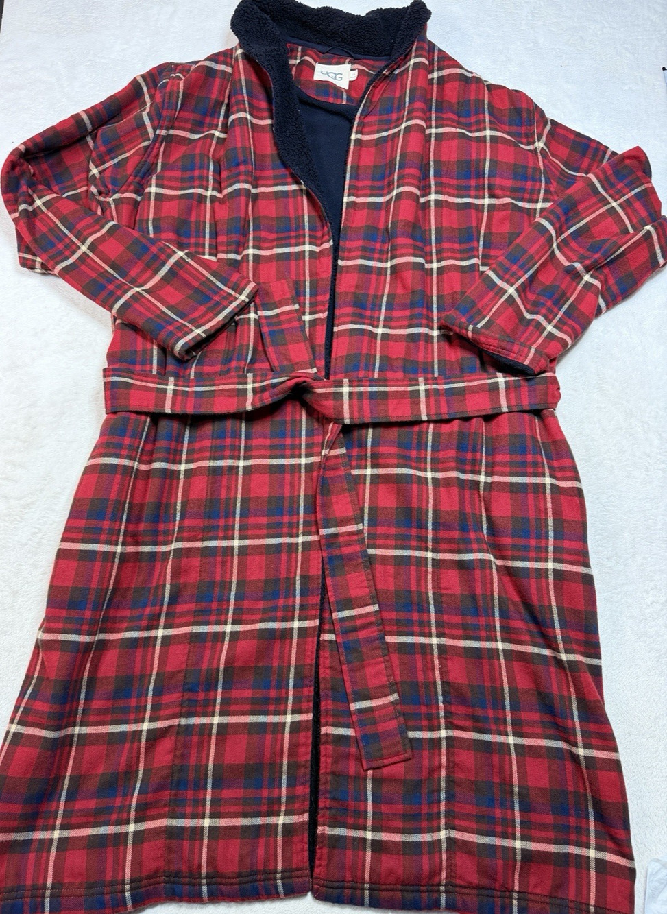 UGG Kalib Mens L/XL Flannel Robe Red Tartan Plaid Fleece Lined Belt Cabincore
